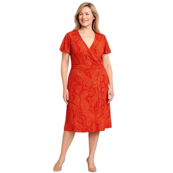 Land's End Red Flutter Sleeve Coquette Faux Wrap Cottagecore Midi Dress-16-18W - Picture 1 of 13